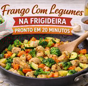 Frango com legumes na frigideira, com brócolis, cenoura e brócolis