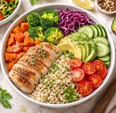 Prato saudável e equilibrado com frango, legumes e grão