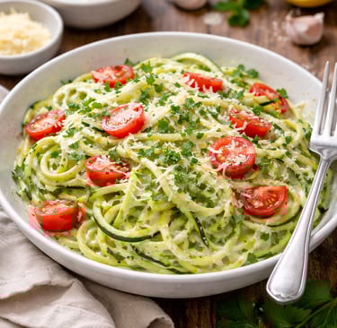 Prato de espaguete de abobrinha com molho de iogurte e limão, opção de jantar saudável e leve