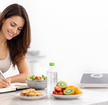 Mulher jovem olhando para um caderno com metas e uma balança ao fundo, representando o planejamento 