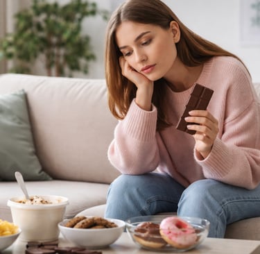 Mulher sentada no sofá, segurando chocolate e cercada por lanches, representando comer por emoção e 