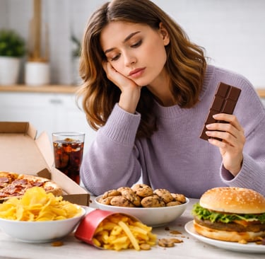 Mulher sentada à mesa com expressão pensativa, segurando chocolate e cercada por pizza, hambúrguer, 