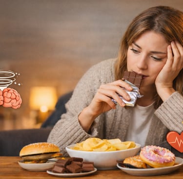 Mulher sentada à mesa comendo chocolate cercada por alimentos como hambúrguer, batata frita e donut,