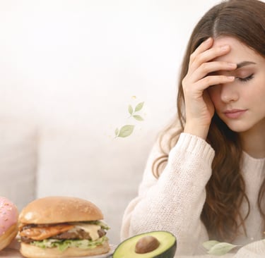 Mulher sentada com expressão de culpa e desconforto ao comer, com hambúrguer, donut e abacate à fren