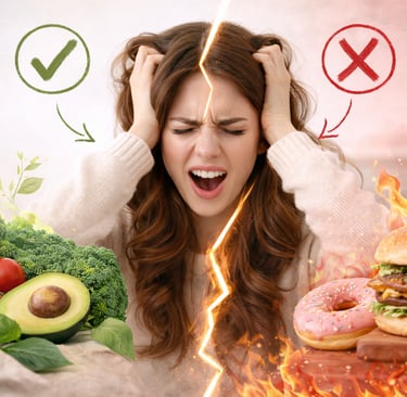 Imagem conceitual de mulher em conflito entre alimentos considerados saudáveis e não saudáveis, repr