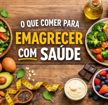 Imagem de capa com alimentos saudáveis como salada, frango, arroz, legumes, frutas e gorduras boas, 