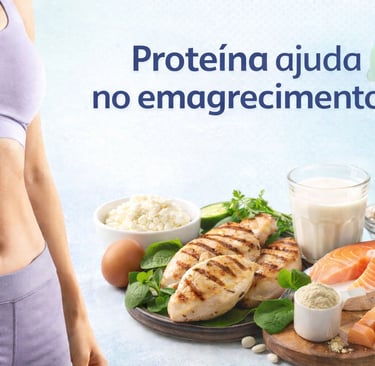 Imagem de capa com alimentos ricos em proteína e a pergunta “Proteína ajuda no emagrecimento?”, repr