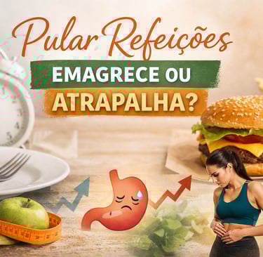 Imagem ilustrativa sobre pular refeições e emagrecimento, com relógio, comida e símbolos de fome