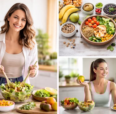 Mulher preparando refeição saudável com alimentos naturais.