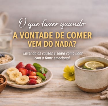 Mesa com alimentos saudáveis e chá representando fome emocional e alimentação consciente