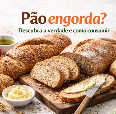 Variedade de pães integrais e artesanais sobre tábua com manteiga, com o título “Pão engorda? Descub