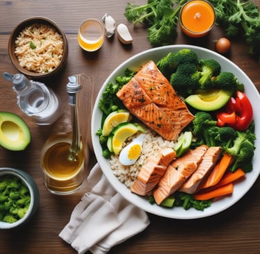 Prato saudável com salmão, legumes e chá verde — alimentos que aceleram o metabolismo naturalmente.