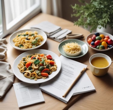 Prato de macarrão integral com legumes coloridos e azeite sobre uma mesa iluminada.