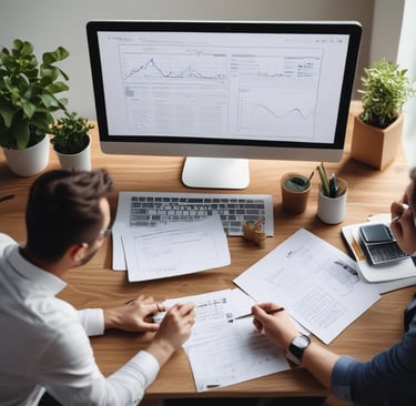 Professional business meeting with diverse team discussing financial documents in modern office