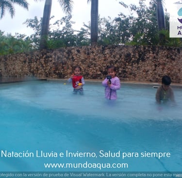 two children playing in a pool with a man and a woman
