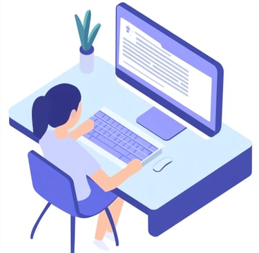 Female-presenting person sitting at a blue desk on a large computer screen with written activities.