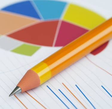An oragne pencil sitting on top of papers that include colorful pie charts and line graphs.