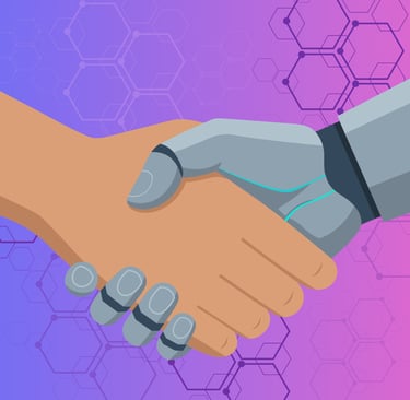 Picture created with Canva by Rocco Catrone depicting a human hand shaking a robotic hand with a tec
