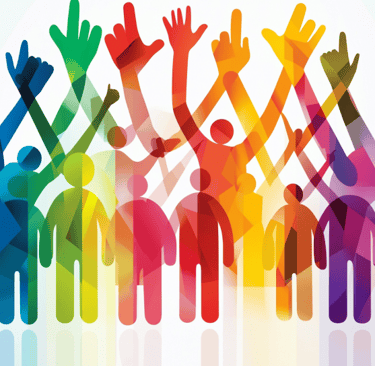 multiple human silohouettes in different colors showing inclusive language