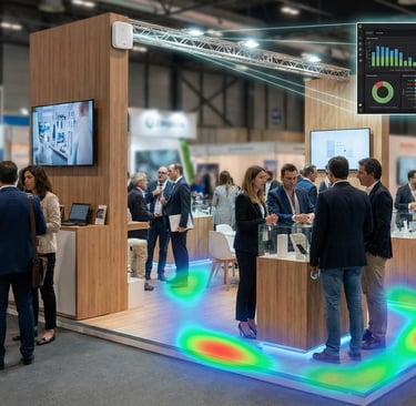 Stand de feria con mapa de calor de visitantes y dashboard de analítica de afluencia en tiempo real.