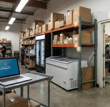 Ilustración de un sistema FUOTA mostrando un ordenador portátil enviando actualizaciones inalámbrica