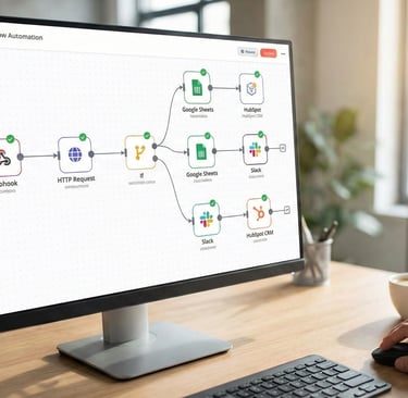 Interfaz de n8n mostrando un ejemplo de automatización de procesos para PYMES integrando CRM y excel