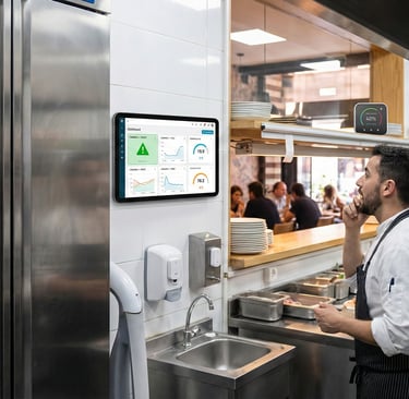 Cocina de restaurante inteligente con sensores IoT en neveras y un dashboard digital para el control