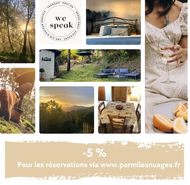 picture of gîte Parmi Les Nuages in Ariège, showing the garden, bedrooms and the whole property