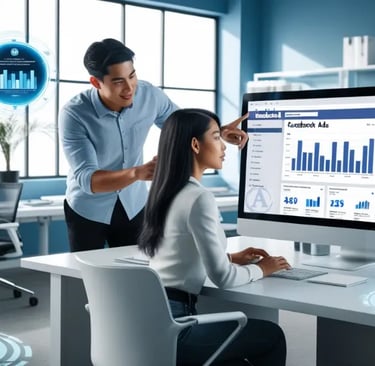 Dos personas en una oficina observando un monitor con datos de campañas publicitarias de Facebook Ads, rodeados de gráficos y