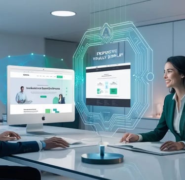 Un hombre y una mujer en un ambiente de oficina moderna analizan diseños web interactivos proyectados en hologramas.