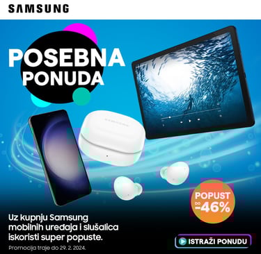 Grafički dizajn digitalnog bannera za Samsung - prikazuje ponudu mobilnih uređaja s dinamičnim vizualima i pozivom na akciju.