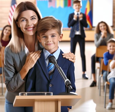 A woman standing behind her son in front of a microphone. Image Credit: AI