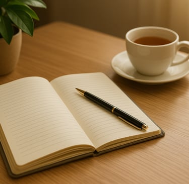 Open notebook with pen and tea on a mood desk-symbolizing psychological and diagnostic consultation.