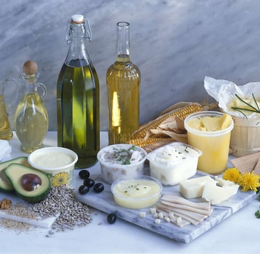 a variety of food items including healthy fats