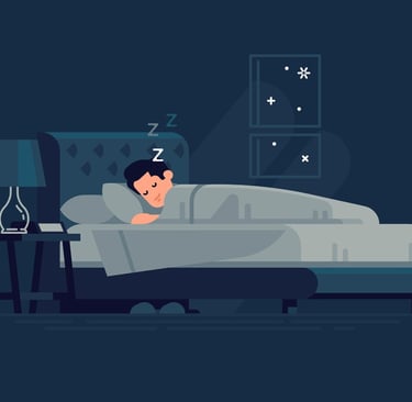 a man sleeping in a bed with a pillow and a lamp