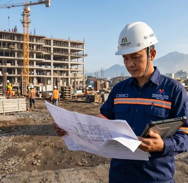 Supervisor proyek mengenakan seragam kerja biru berbahan drill ripstop tangguh