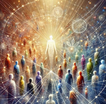 a group of people standing in a circle with a sunbeam