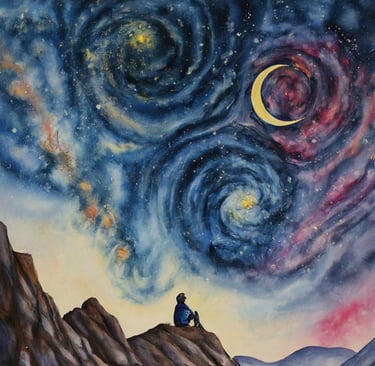 a man sitting on a mountain top with a view of a moon and stars