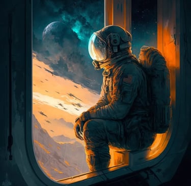 a man in a space suit sitting on a window sill