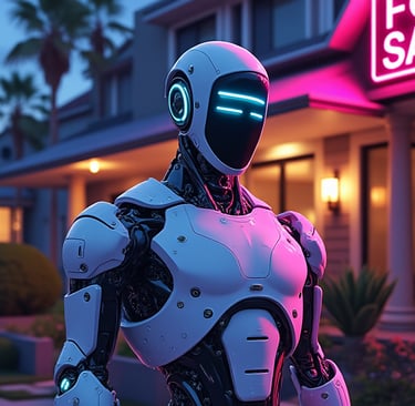 A Powerful Robot with neon lights standing next to a For Sale sign