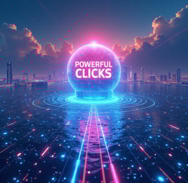 Glowing sphere with 'Powerful Clicks' text in a futuristic digital cityscape.