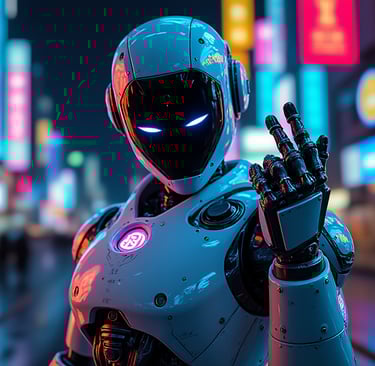 A robot klooking at the camera with fingers in the air