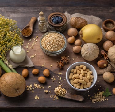 a variety of nuts and nuts on a wooden table