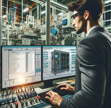 a programmer working on a computer in a manufacturing facility