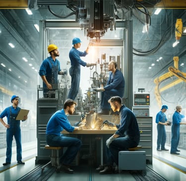 a group of manufacturing workers collaborating on a project