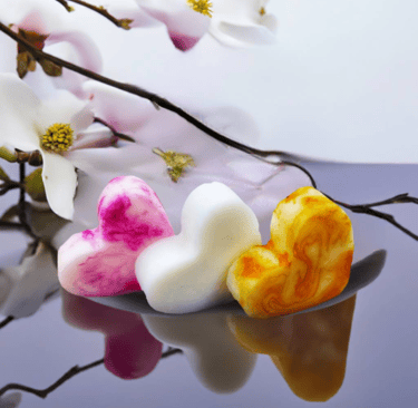 a group of three hearts shaped wax melts on a table