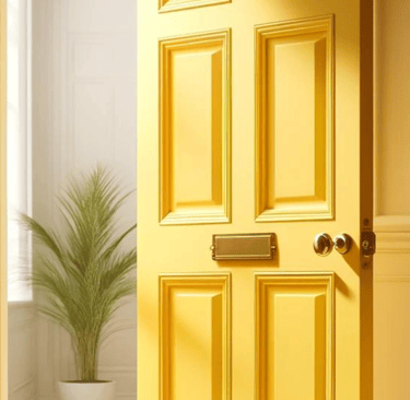 a yellow door with a plant in the middle