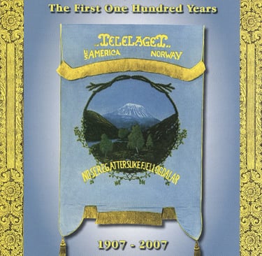 cover of Telelage 100th anniversary book, blue and gold with a photo of Telelaget banner
