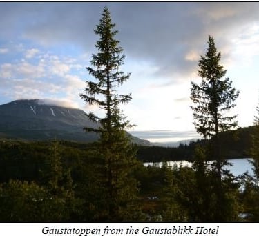 Gaustatoppen in the distance, trees in the foreground
