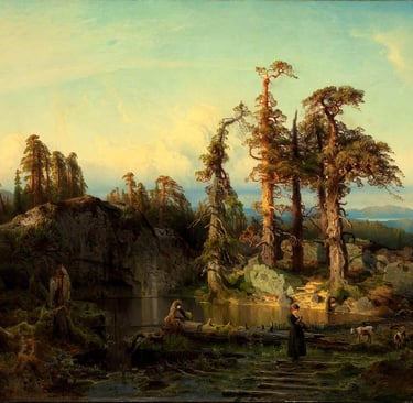 August Cappelen- A Tarn in Telemark painting of a lake with moody trees-pd